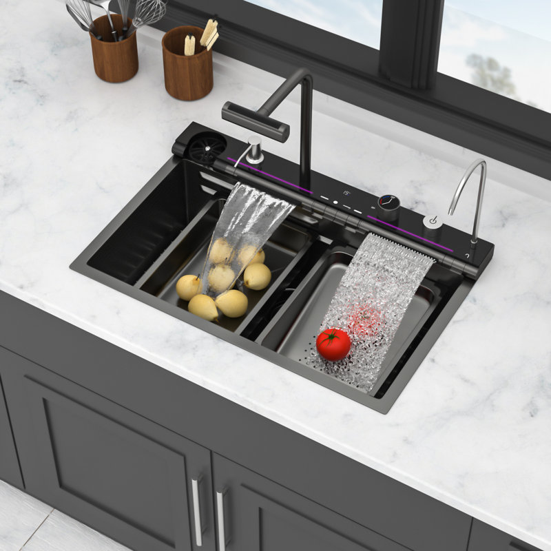 Évier de cuisine multifonctionnel - Évier de poste de travail en acier inoxydable à simple cuve noir avec fonctions numériques intelligentes | Idée de cadeau
