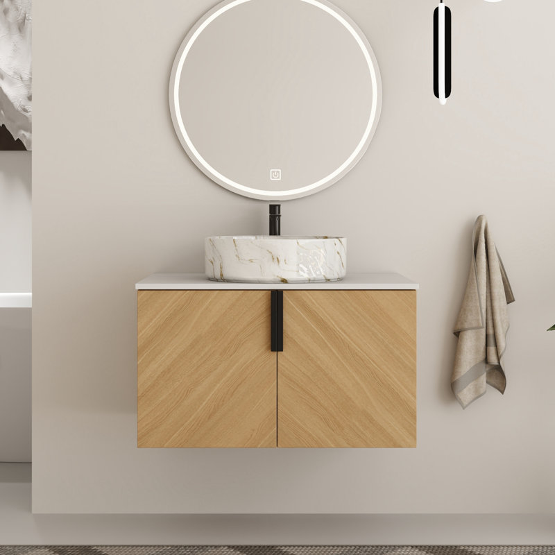 Ensemble de meuble-lavabo simple 30 po avec plateau en pierre et lavabo vasque en céramique Caldicot, Blanc / doré, 30"