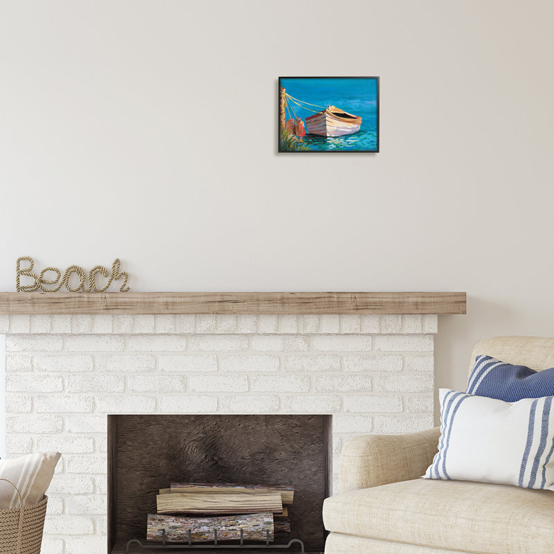 «Docked Boat In Lake» encadré sur bois par Jane Slivka, peinture, H 11 po x l 14 po x P 1,5 po, Giclée encadrée noir minuit