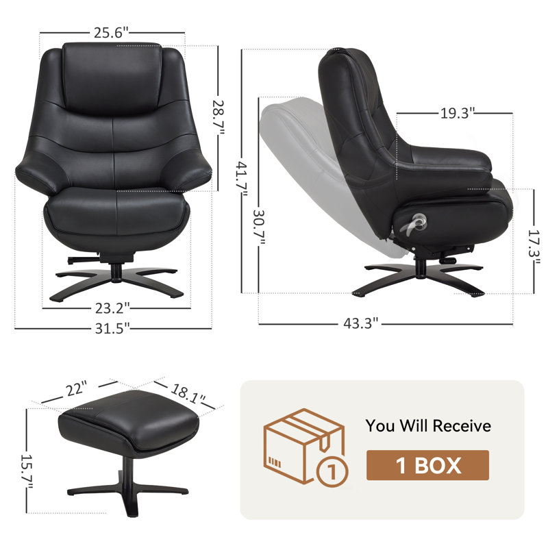  360° Swivel Genuine Leather Recliner Chair with Ottoman, Adjustable Backrest Accent Chair for Living Room, Black