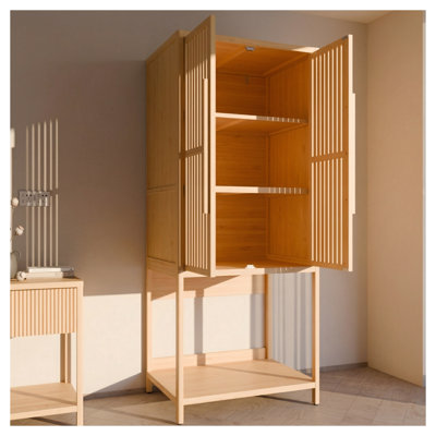 Armoire autoportante en bambou naturel avec 2 portes et rangement pour plancher