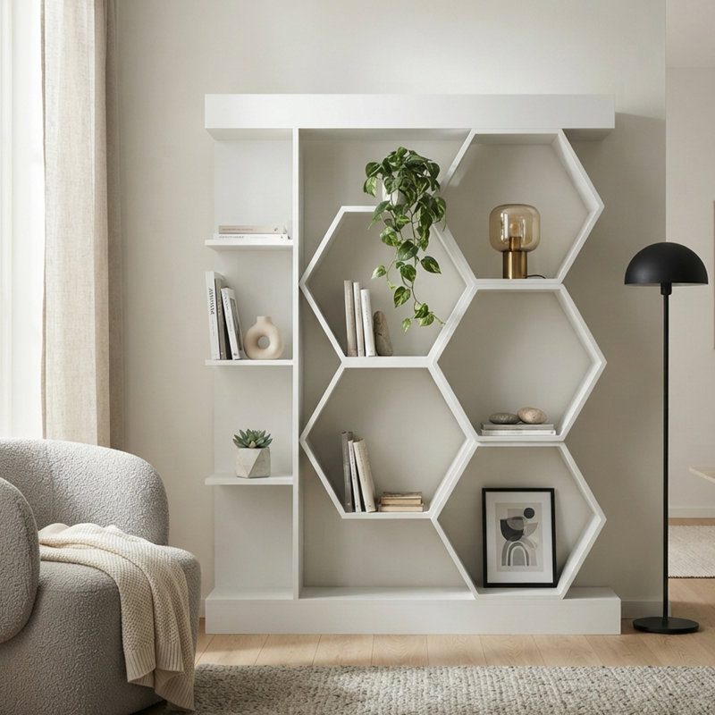 Bibliothèque géométrique moderne avec étagères hexagonales