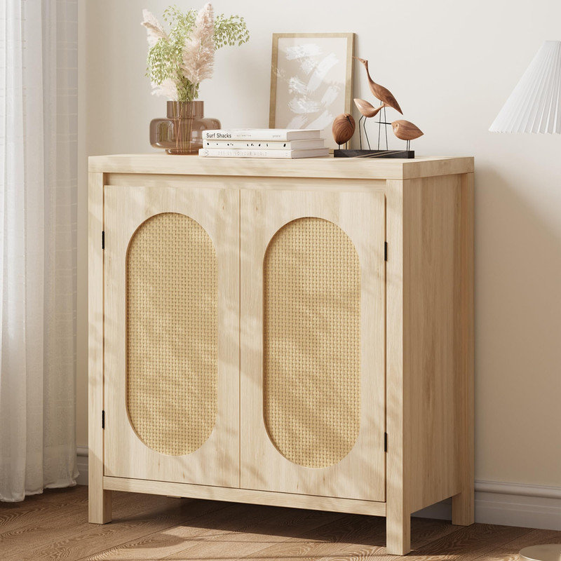 Buffet Mid Century Mid-Buffet - Armoire de rangement rétro 30 "avec portes en rotin et tablettes réglables, console Boho Chic pour salon, salle à manger (naturel)