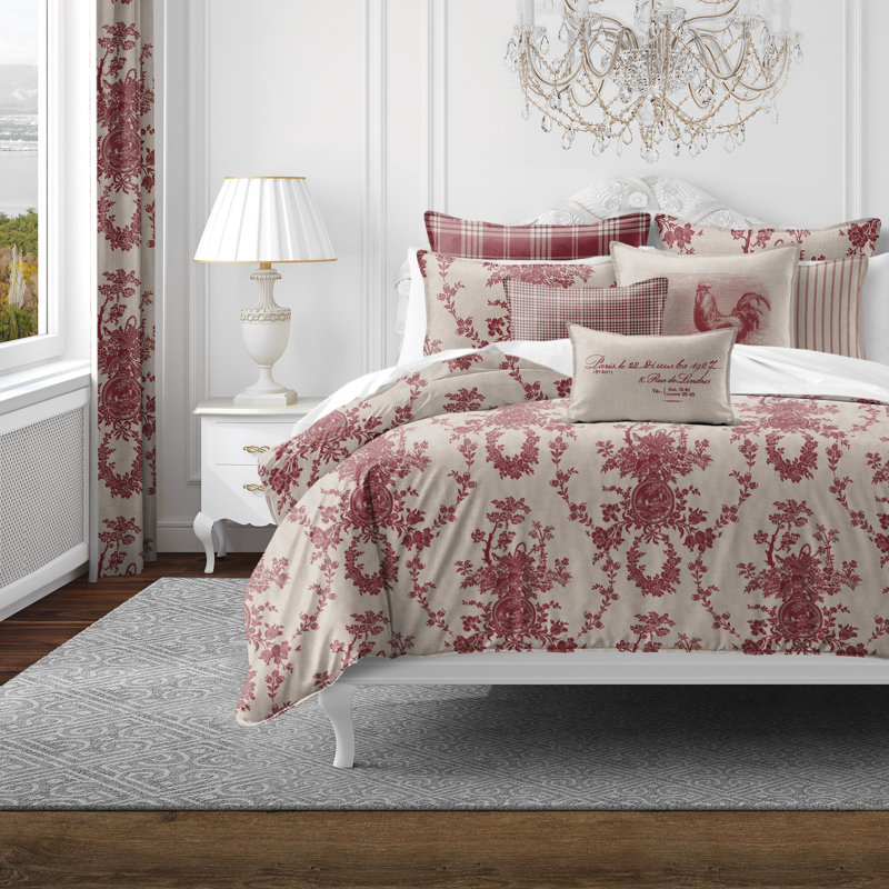 Country Lane Toile Crimson Cotton Duvet Cover Set  8 Piece, Super King Duvet Cover + 7 Additional Pieces