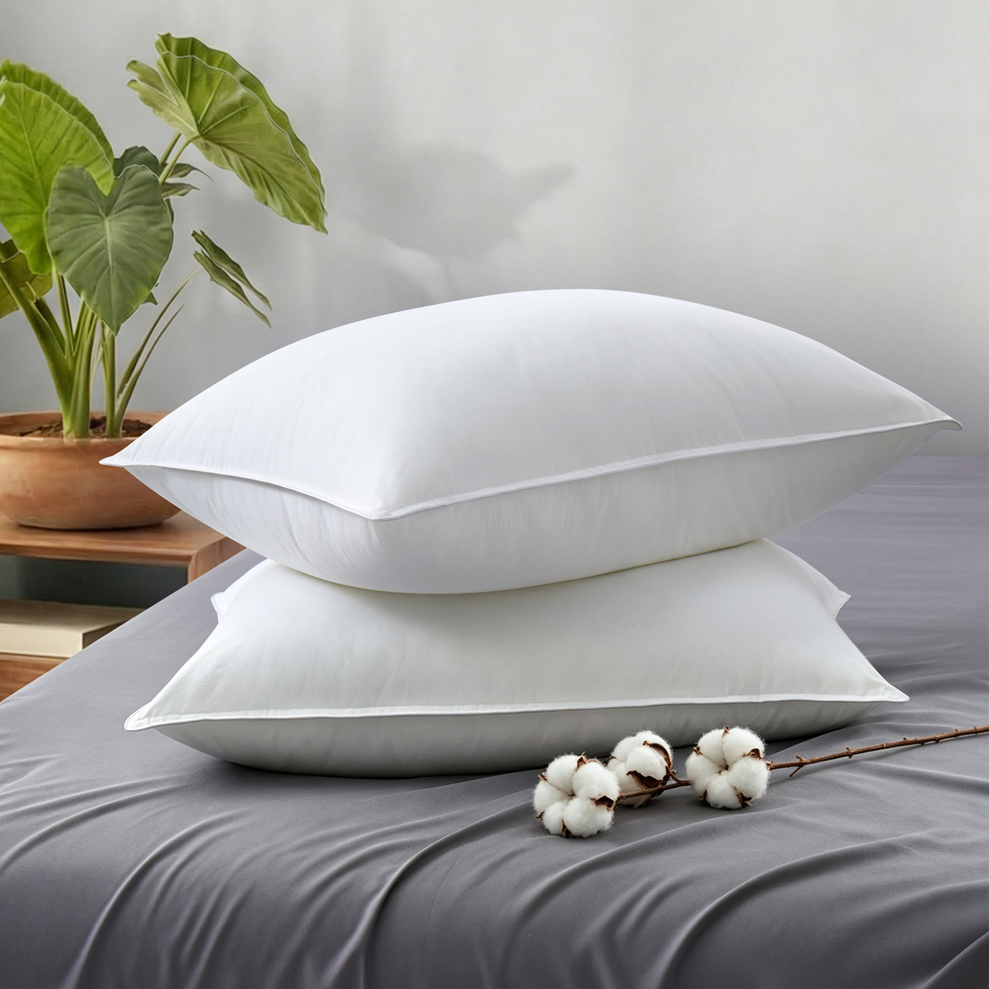 100% Cotton Feather-Proof Polyester Pillow Set of 2 – Breathable Cotton Cover & Durable Polyester Fill – Hypoallergenic Bed Pillow with Feather-Resistant Shell for All Sleep Positions
