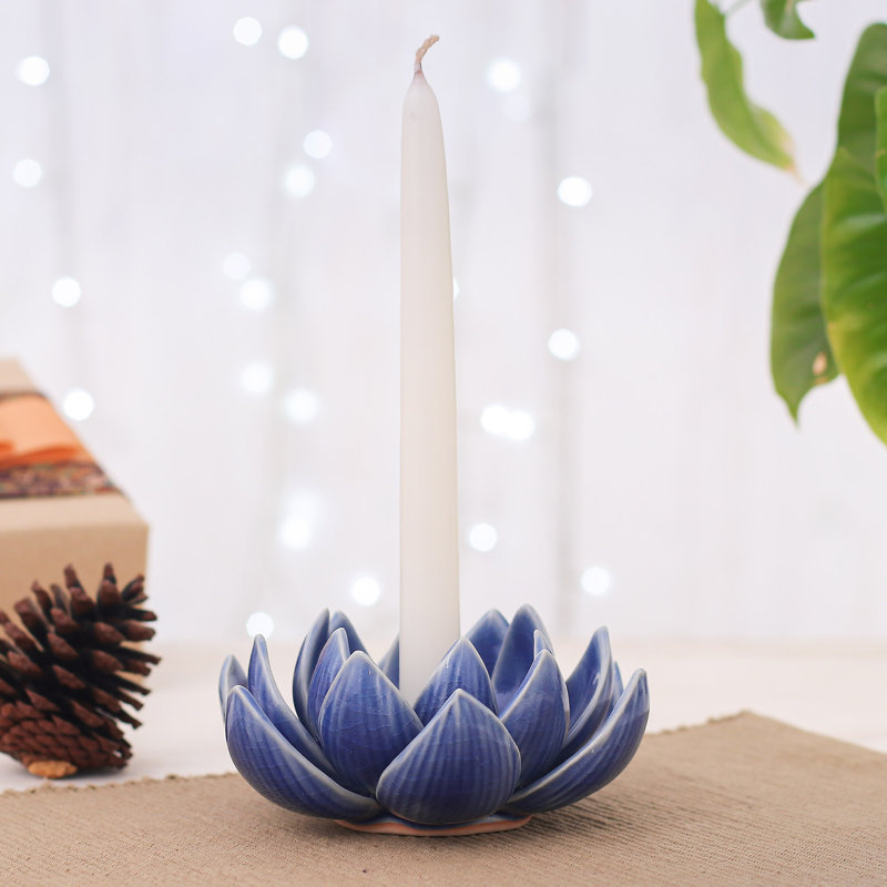 Handmade Lotus Splendor Celadon Ceramic Candle Holder, Blue
