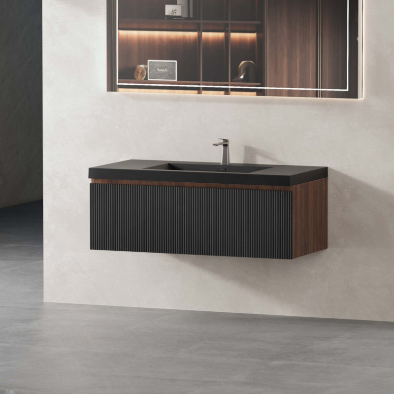 Ensemble de meuble-lavabo flottant avec lavabo, meuble de rangement mural à rayures avec tiroir à fermeture en douceur et cuve à sable Quartz