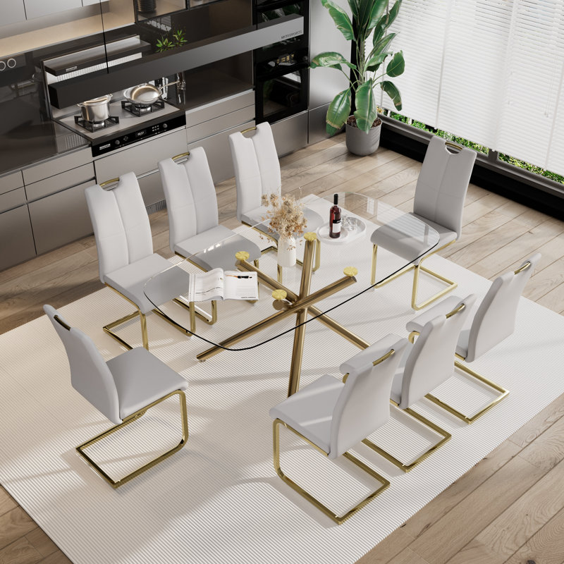 Rectangle Glass Pedestal Dining Set, Light Gray, 9