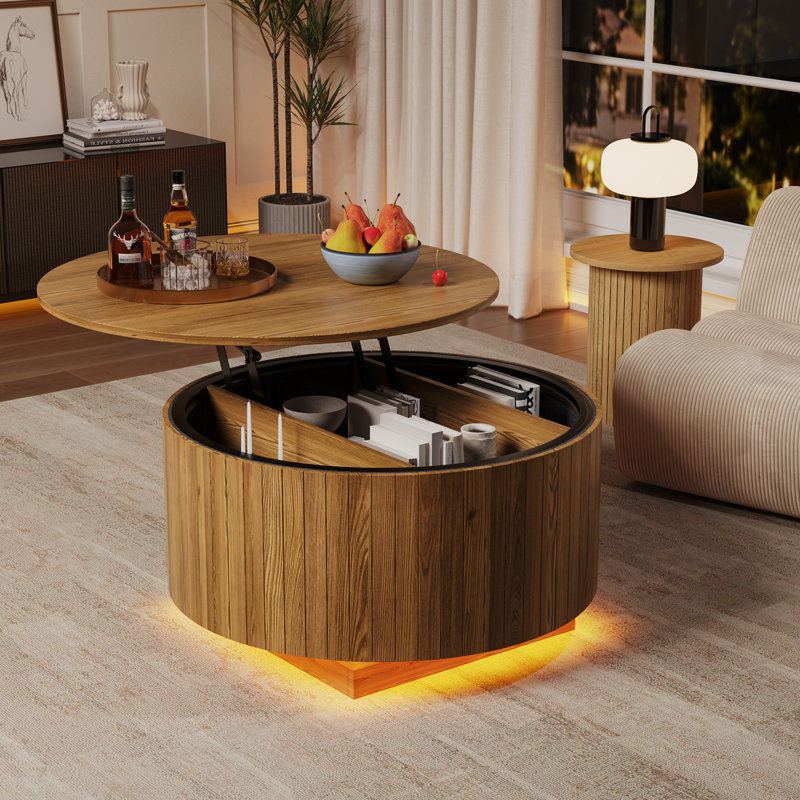 Table basse à plateau relevable 31,5 "avec lumières à DEL RVB et rangement caché - aspect bois naturel, contrôle intelligent de l'application, assemblage facile