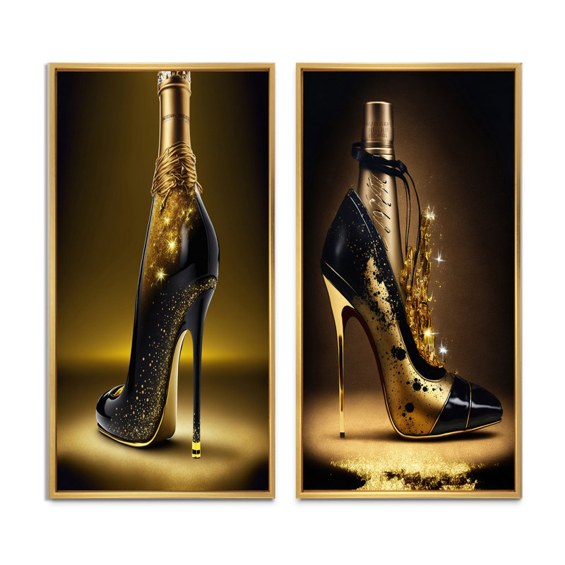 «Golden Champagne High Heel II», 2 pièces sur toile, Encadrement brun, H 20 po x l 24 po