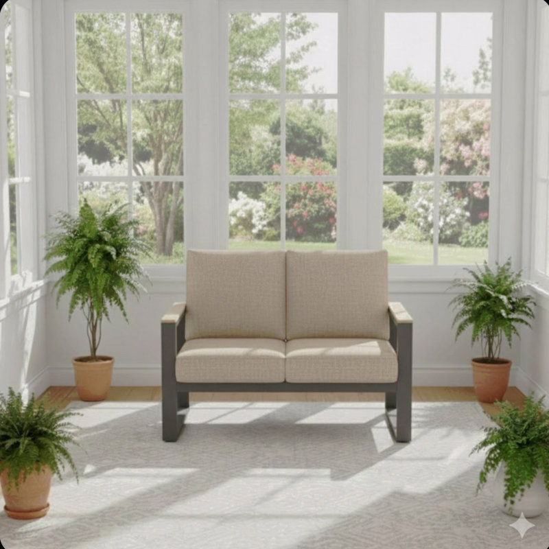 52" All-Weather Aluminum Patio Loveseat Sofa With Thick Beige Cushions