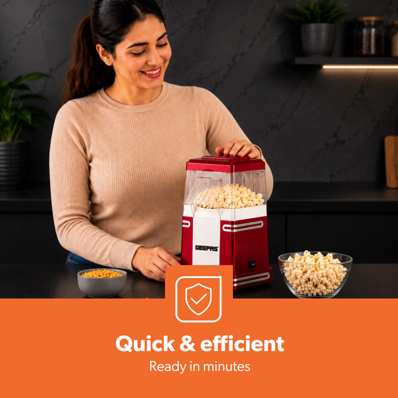 GEEPAS 1200W Electric Popcorn Maker Machine | Makes Hot, Fresh, Healthy and Fat-Free Theater Style Popcorn Anytime | On/Off Switch, Attractive Design & Oil-Free Popcorn Popper - 2 Years Warranty