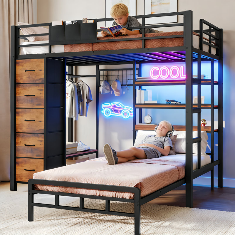 (+ Hall Tree) 88.2''W L-shaped Bunk Kids Bed with Storage and Charging Station LED Metal Loft Bed with 5 Storage Drawers and Bookshelves Maximize Space Save Loft bed with Twin Bed