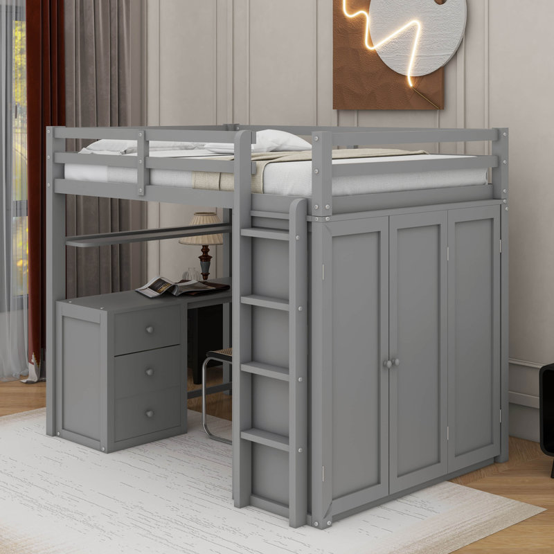 Full Loft Bed With Drawers,Desk And Wardrobe, Gray