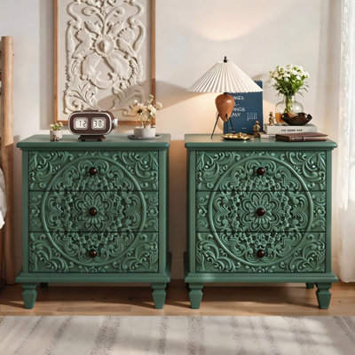 Vintage Wood 3 - Drawer Nightstand,Set Of 2, Carved Embossed Accent Chest for Bedroom Living Room