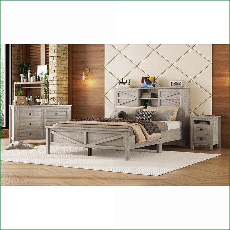 Ensemble de chambre à coucher pour grand lit, ferme 3 pièces avec tête de lit et amp; Station de recharge | Gris anthracite | Panneau de particules | Commodes doubles
