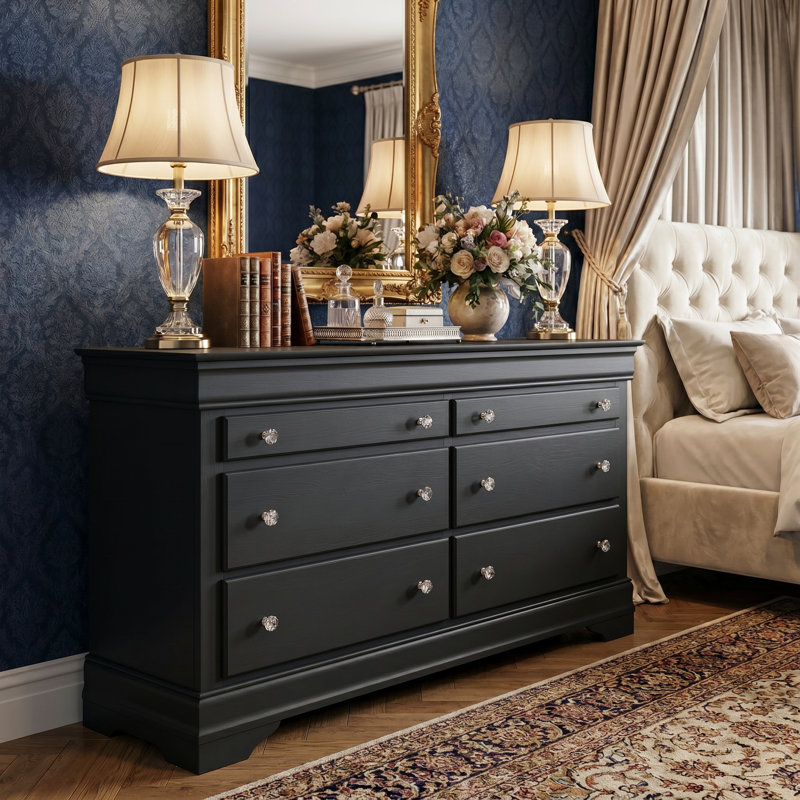 Barvelle Modern Classic 53.8" Solid Wood Fully Assembled 6 Drawer Dresser, Black