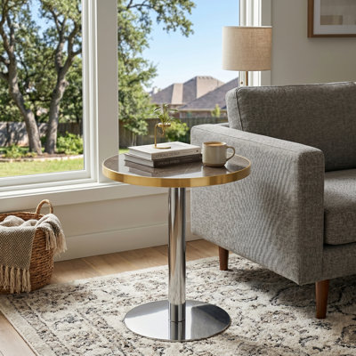 Petite table de salle à manger moderne, table de salle à manger ronde de 23,6 po avec bordure en acier inoxydable, base en métal robuste, table de cuisine peu encombrante pour appartement, coin repas et salle à manger