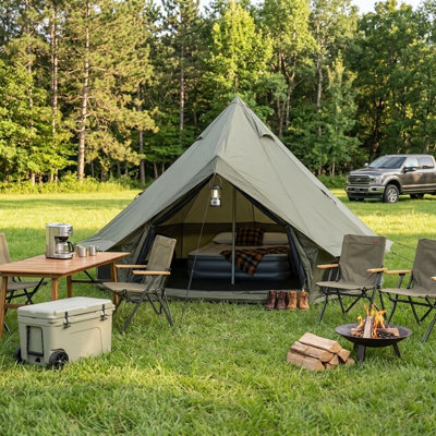 9.8' Oxford Bell Tent for 3–4 People, 4-Season Glamping Tent with Stove Jack for Family Camping, Green
