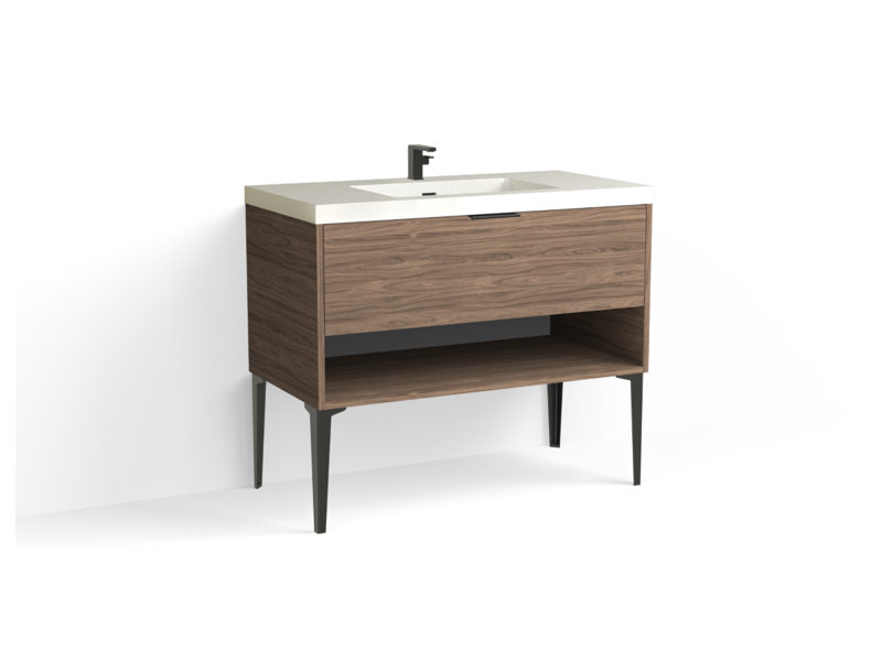 Modo 42" W Freestanding Single Bathroom Vanity with Dean Leg, Matte White/Single, Nocino, Satin Nickel