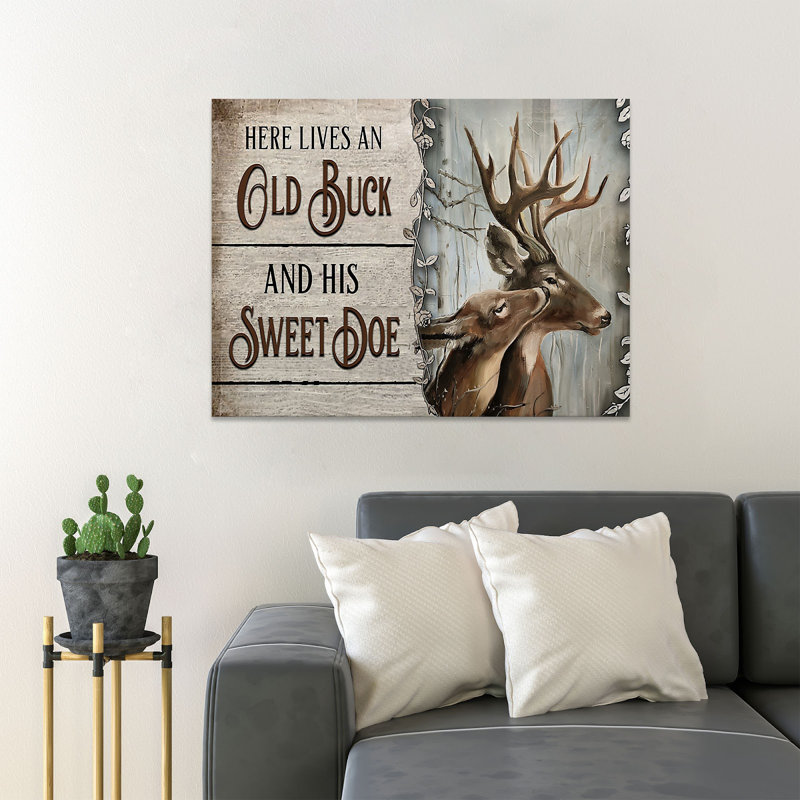 Couple of Deer Here Lives An Old Buck, reproduction d'art graphique sur toile tendue 1 pièce, H 11 po x l 14 po x P 2 po