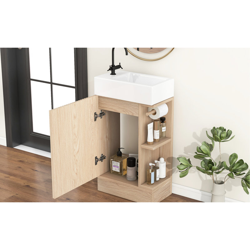 Meuble-lavabo de 18,6 po avec lavabo, porte-papier hygiénique, tablette, armoire, apparence naturelle, installation à gauche ou à droite, tableau