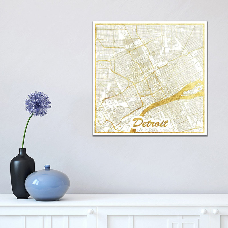 Detroit Gold Leaf Urban Blueprint Map 1 Piece Wrapped Canvas Wall Art, 45.72 cm H x 45.72 cm W x 3.175 cm D