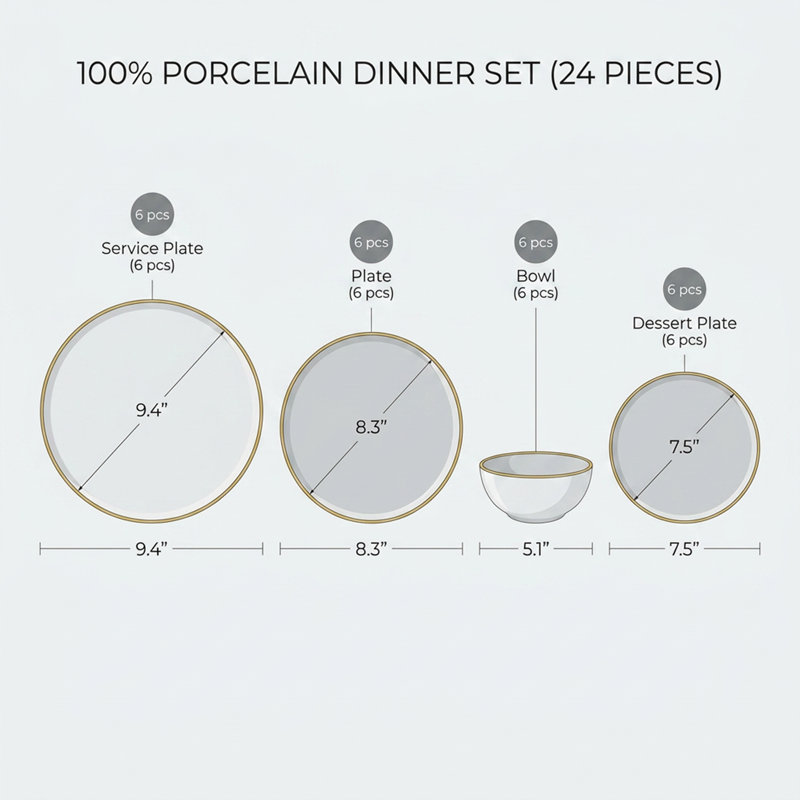 Service de table en porcelaine blanche à rebord doré Aura (service de 24 pièces pour 6 personnes)