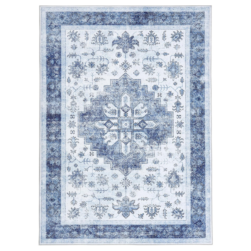 Washable Area Rug, Vintage Printed Low Pile Non Slip Foldable Polyester Carpet, for Living Room Bedroom, Blue Tone, 8'x10'