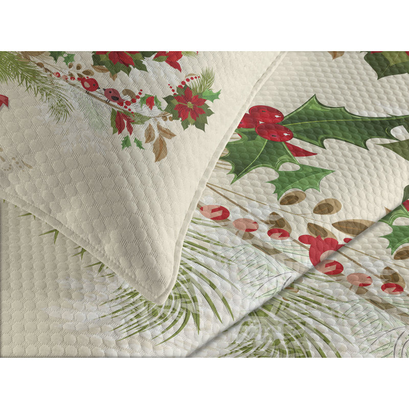 White Quilted Queen Bedspread Set with Floral Design