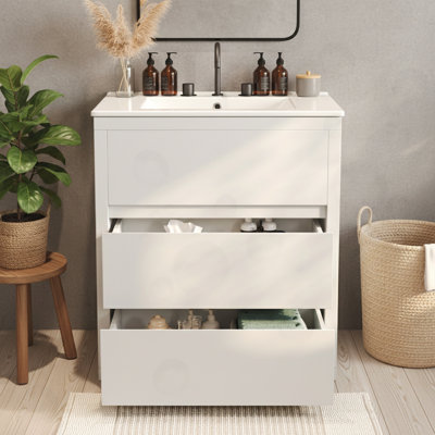 Meuble-lavabo de salle de bain avec lavabo en céramique et 2 tiroirs pleine extension