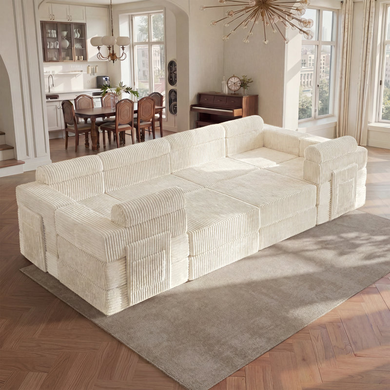 Sisler 8 Piece  141.6" Oversized  U Shape Upholstered  Corduroy Convertible Modular Compression Sofa with Storage Pockets, No Assembly Required