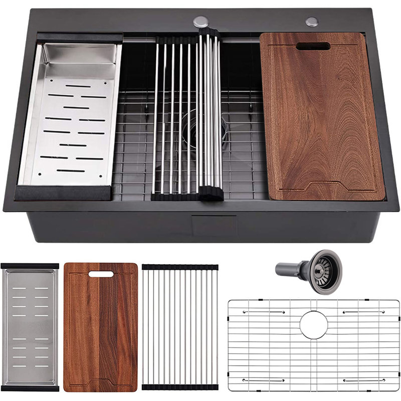 Évier de cuisine à montage sur plan 33 po x l 22 po avec accessoires, Bronze industriel-noir