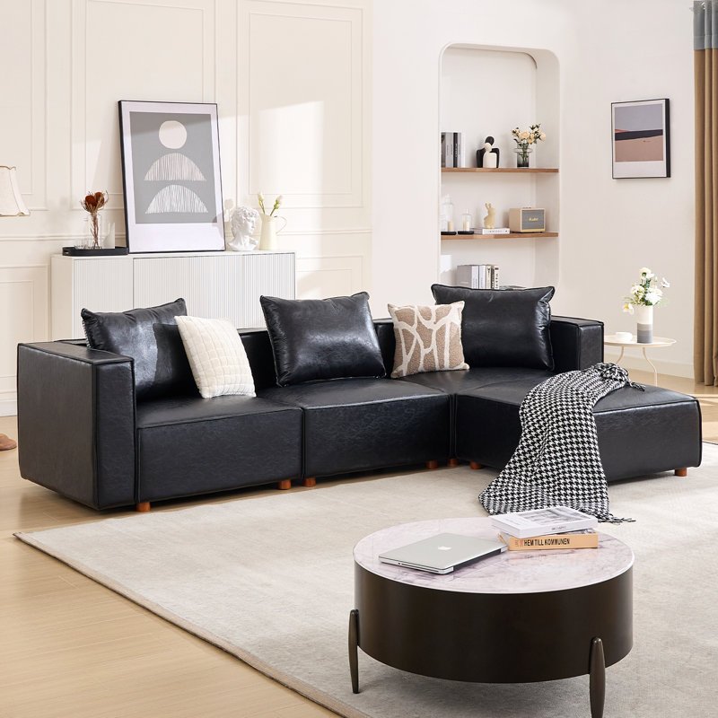 Upholstered Leather L-Shaped Modular Sofa, Black Faux Leather
