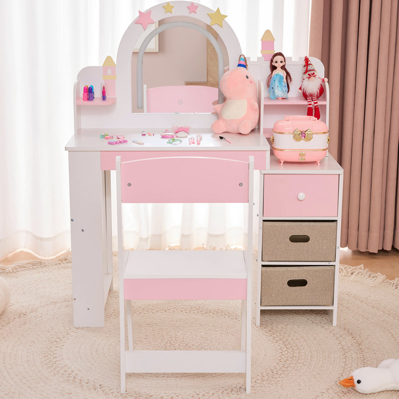 Ensemble de coiffeuse en MDF pour enfants en blanc et rose avec 1 tiroir et support de rangement