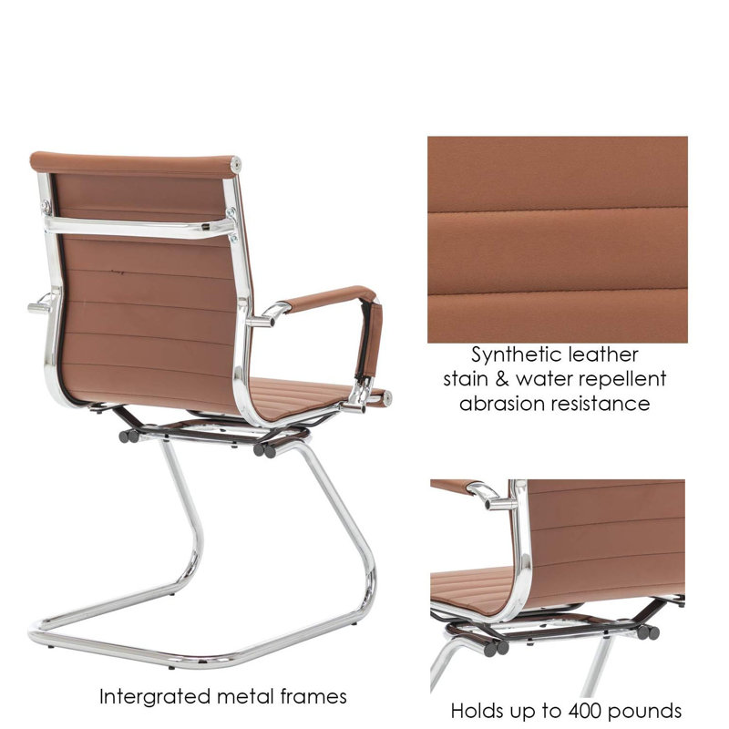 Ensemble de 2 chaises d'invité de bureau en cuir à dossier moyen - Chaises de réception à roulettes sans roues pour réunion / hall d'entrée / toilettes