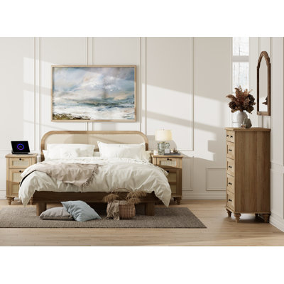 3 Piece Dresser And Nightstand Sets, One 5 Drawer Dressers & Two Rattan Bedside Table, Oak by Charlton Home