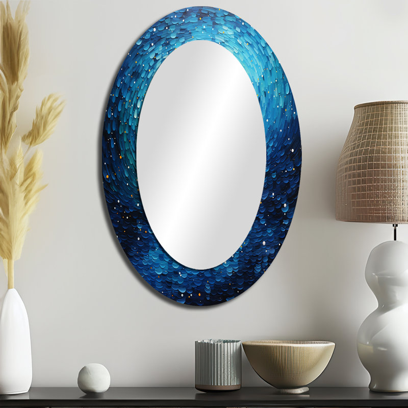 Pointillism River Majestic Cascade - grand miroir bleu, décor de miroir mural traditionnel unique, impression d'art en métal