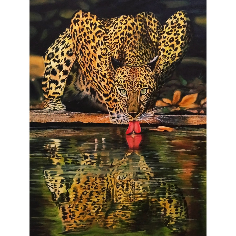 Léopard buvant de l'eau | Acrylique sur toile | Par Deekhaâ Chauhan