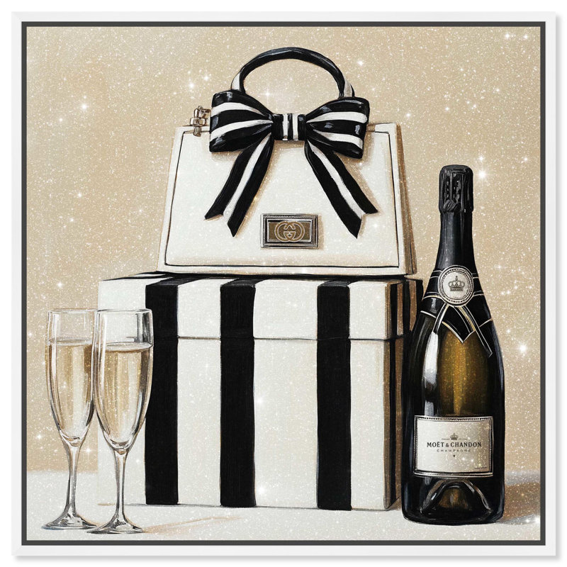 «Black and White Striped Glam», reproduction d'art sur toile , H 13 po x l 13 po, Cadre flottant blanc