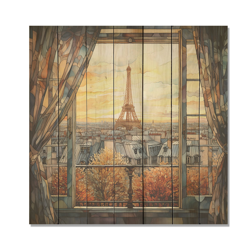 Vue de fenêtre rétro Paris I - City Paris sur impression sur bois, H 15 po x l 15 po