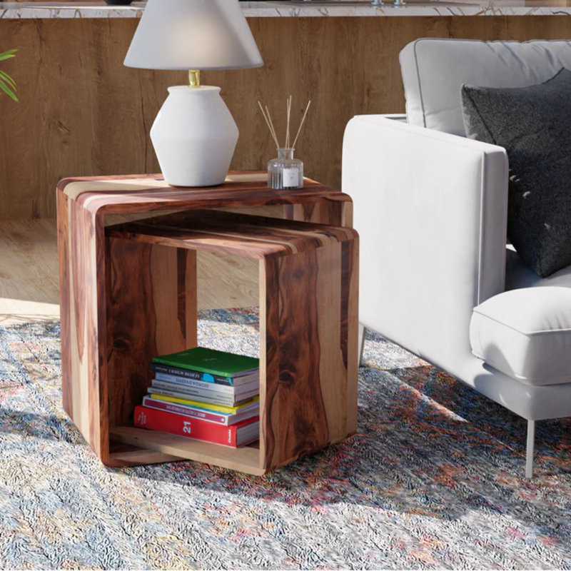 Modern Solid Wood Nesting Tables, Set of 2 with Open Storage, Natural Finish, Natural