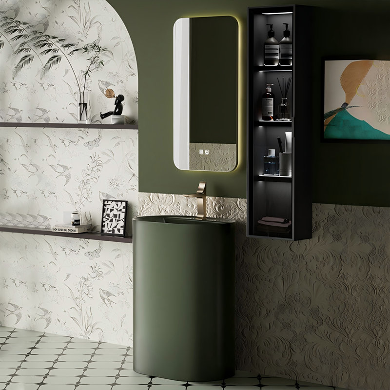 Olive‑Green Modern Minimalist Ceramic Freestanding Pedestal Sink with Smart Rectangular Mirror