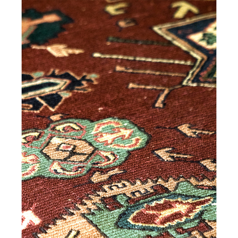 Tapis rouge / bleu marine / vert en laine noué à la main de conception unique 5 pi 8 po x 11 pi 6 po