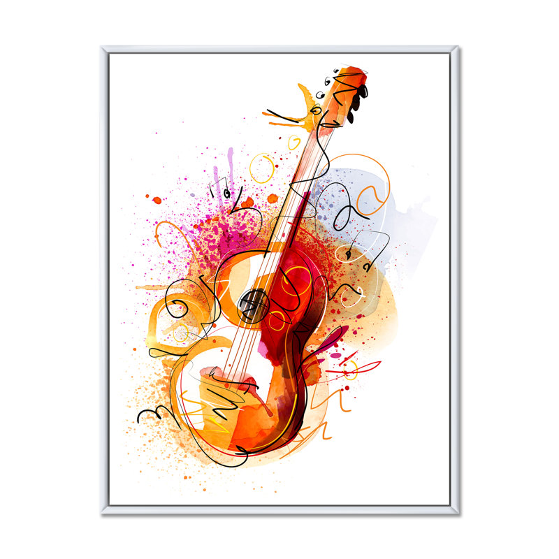 Musique, guitare, dessin abstrait - peinture, H 32 po x l 16 po x P 1 po, Cadre flottant blanc