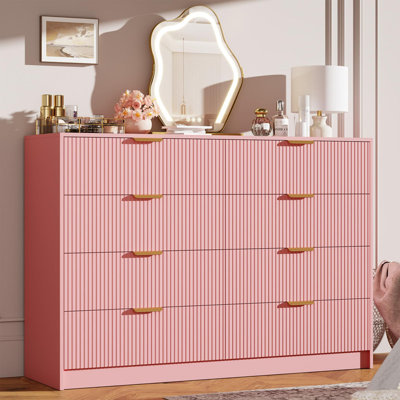 Commode cannelée moderne à 8 tiroirs - commode de 54 po de largeur avec poignées dorées, meuble télé pour le salon ou le couloir