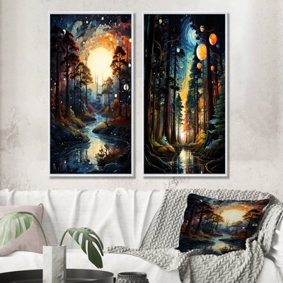 «Moonlight River Retreat Into The Forest I», ensemble d'art mural sur toile Forest River Mountains