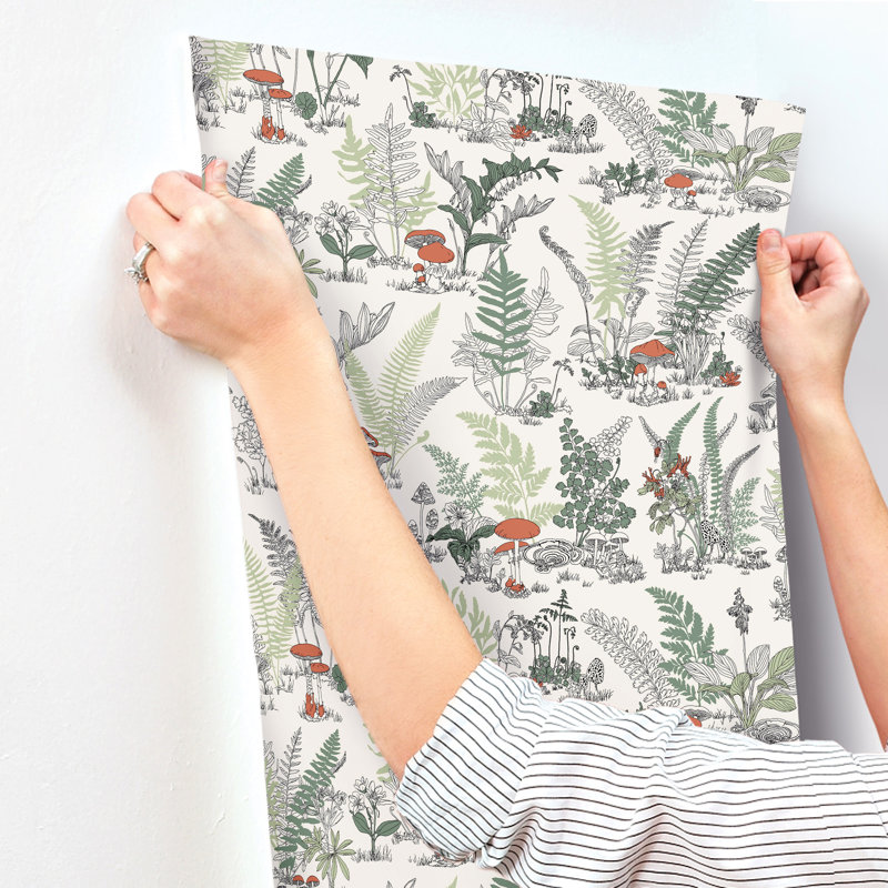 Mushroom Garden Toile Wallpaper Roll, Red & Green