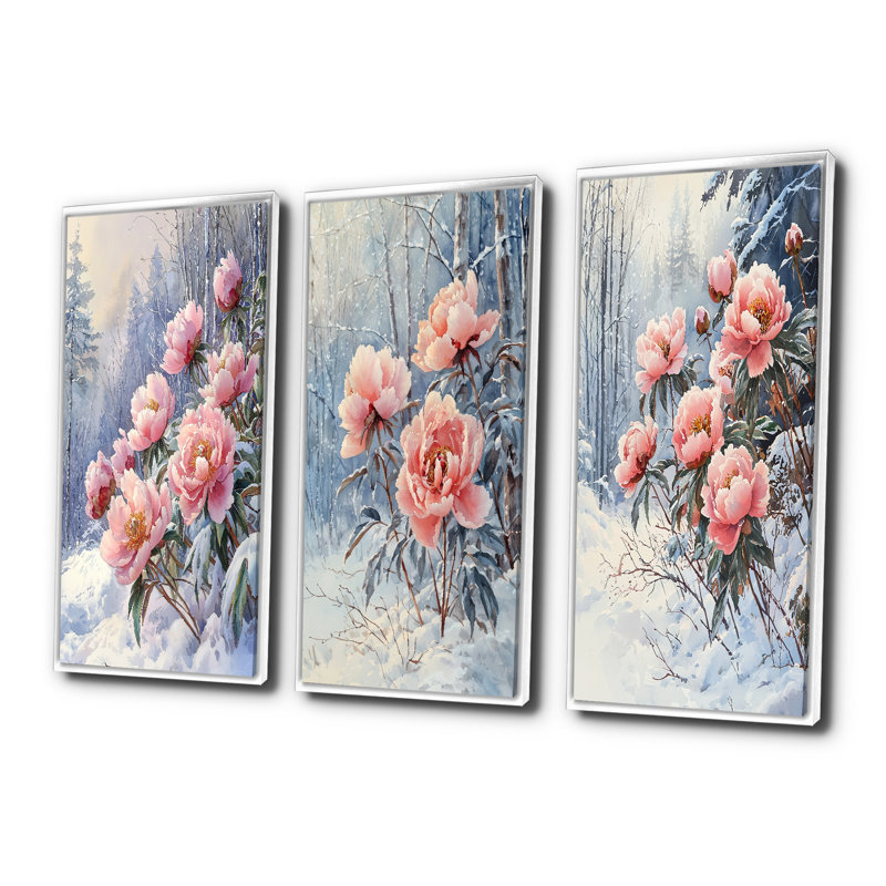 Pivoines d'hiver glacées dans la forêt I - Collection de décorations murales traditionnelles, H 32 po x l 48 po, Blanc