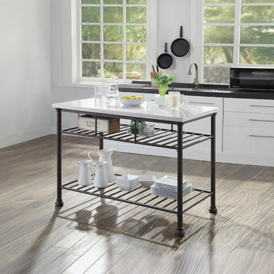 Pilarcitos Transitional Kitchen Island with Faux Marble Top in White and Gray